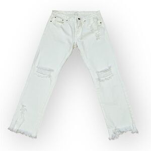 NSF, White Distressed Denim Straight Leg Jeans Raw Cut Hem, Women’s 28